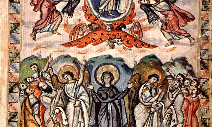 Darstellung der Himmelfahrt im Rabbula-Evangeliar (sechstes Jahrhundert, Folio 13v)